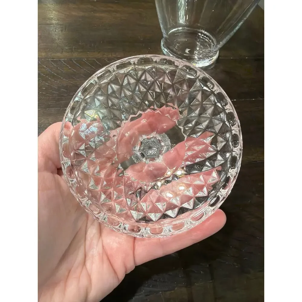 Vintage Clear Crystal Glass Large Covered Jar Diamond Point Lid Ball Finial